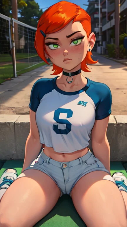 Rainbow Dash from the movie "Mlp equestria girls", colourful hair, denim jacket, ropa abierta para mostrar bare breasts, bare breasts, neckline, , bare breasts, annoyed, POV incada in front of me, pov me hace paizuri a my penis, on a soccer field at night.