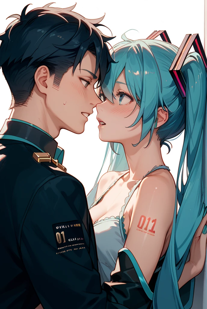 1boy, 1girl, after fellatio, blue hair, clothed female nude male, (cum, cum in mouth, cum on hair, cum on tongue:1.4), facial, fellatio, hand on own cheek, hand on own face, hat, long hair, military, military uniform, nude, one eye closed, open mouth, oral, peaked cap, tongue, twintails, uniform, uvula, very long hair, white headwear, yellow eyes