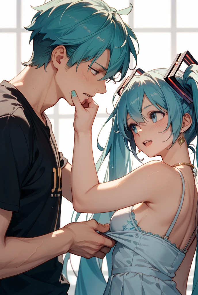 (Masterpiece, best quality, high res、highly detailed cg: 1), Create an image capturing the moment when a client and a prostitute are embracing each other. The perspective should be like a movie scene, focusing only on the two of them. Depict them from the waist up. The client should be a faceless, generic male, and the prostitute should be shorter, clinging to the male with her chest pressed against him. Set the scene in a private room at night with minimal lighting. Twin_Turbo_Umamusume, aqua hair, twintails, heterochromia, purple eyes, blue eyes, sharp teeth,hores tails, nsfw, faceless male
