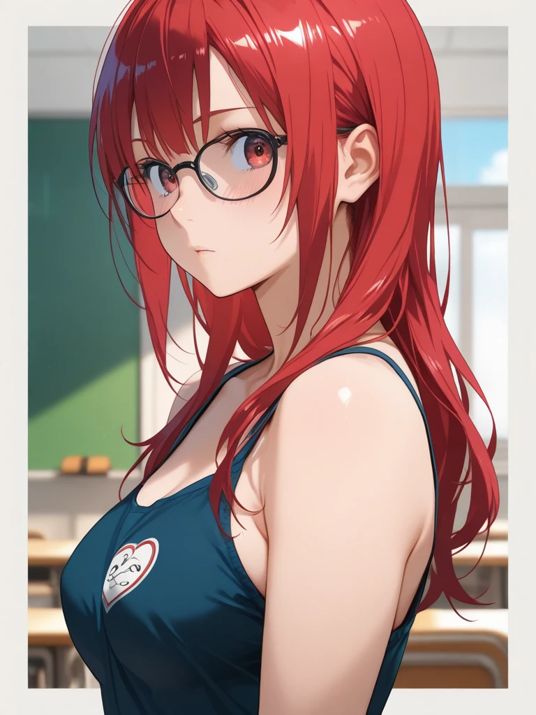Solo, Sumire Yoshizawa (from persona 5, 1female, white skin, Japanese, red eyes, medium red hair with bangs and ponytail, small breasts, glasses), anime), ((ecchi, lewd)) sunny day, photo from behind, (masterpiece, best quality, 8k, sharp focus, depth of field, best shadows, perfect lights, HDR, realistic skin texture, hyper detailed background), tight wet white t-shirt, Panties, Japanese House, Lying on the Floor