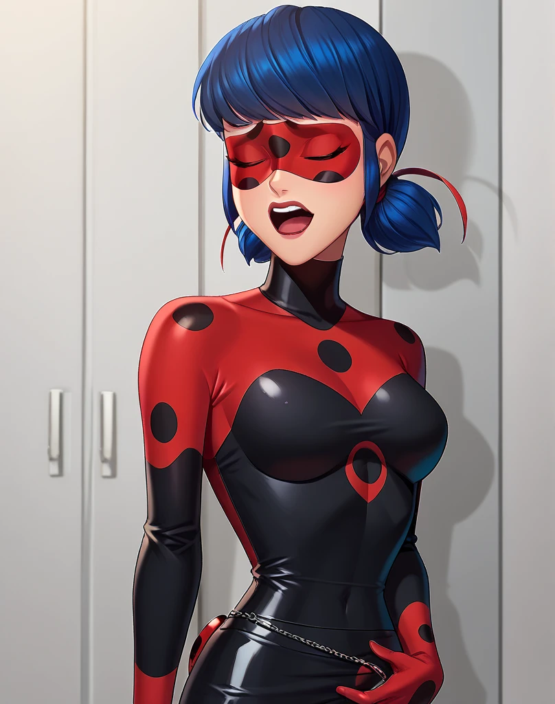Helenpa, ​masterpiece, top-quality, 独奏, brown haired, glowing pink eyes, Latex bondage, Tattoo of the lower abdomen, adult lady, Sharp Eye Mask, Provocative smile, shorth hair, red and black costume, headphones, 1girl in, full body Esbian, Pink lighting, on the beds,open one's legs, Place one hand on your crotch, chastity belt