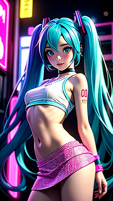hatsune_miku, jumping, pop clothes, bare legs, belt on right leg, beautiful stomach, colorful, bright, perfect hand, perfect arms, simple white background, ultra detailed, 8k