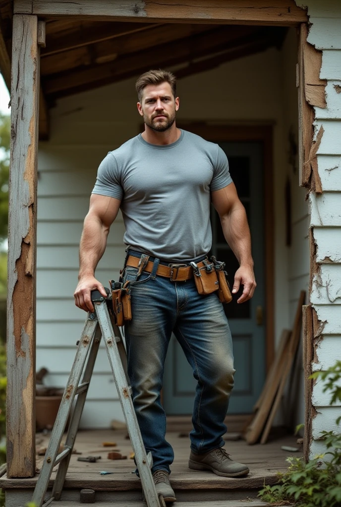 woodworking workshop, carpenter, lathe, bandsaw, ginger hair, muscular ConnorMaguire, sweaty arms, sweaty brow, white tank top, blue jeans, work boots, tool belt with hammer, grinning, bulging biceps, masterpiece, (((medium portrait))), wide angle, <lora:ConnorMaguire:0.8>