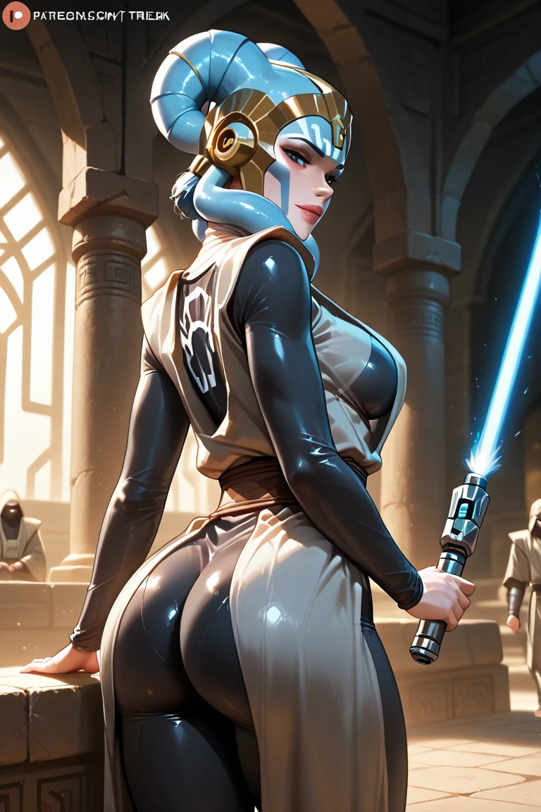 score_9, score_8_up, score_7_up, score_6_up, realistic, (star wars Rey Skywalker), standing, ((huge natural breasts)), brown eyes, rey bun hairstyle, (black tube top), (covered nipples), (black pelvic curtain), (white wet panties), perfect pussy cameltoe, (black stockings), playing with lightsaber, horny expression, (rear view)1.1, (inside spaceship, Millennium Falcon background) (detailed stockings fabric) (wearing 20cm sexy high heels stilettos shoes) (detailed face)