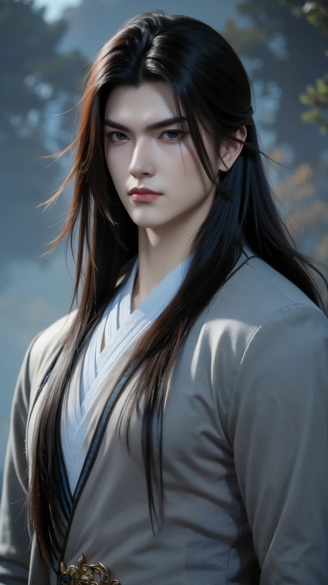 ''The beautiful portrait of Vuong Lam exudes coldness, majesty mixed with a bit of loneliness and determination. His piercing, dark blue eyes reflect resilience, experience and an inscrutable inner world, representing a man whose life has been shaped by countless challenges but remains steadfast. His handsome, sharp face exudes determination and intelligence. He has long flowing red hair in the ancient Xianxia style, enhancing his ethereal appearance. He wore an exquisite Xianxia-style outfit that radiated power and elegance. His outfit is in the style of the Xianxia and has blue embroidered edges, layered under a dark gray overcoat decorated with intricate sunken patterns. The color palette—black, brown, and gray—conveys maturity and mystery, blending perfectly into the world of immortals. The atmospheric background is hazy and ethereal, with subtle energy swirling around him, adding depth to his mysterious aura. The lighting is dramatic, emphasizing his noble yet melancholy presence. Incredibly detailed cinematic compositions, hyper-realistic textures, 8K resolution, fantasy-inspired masterpiece."