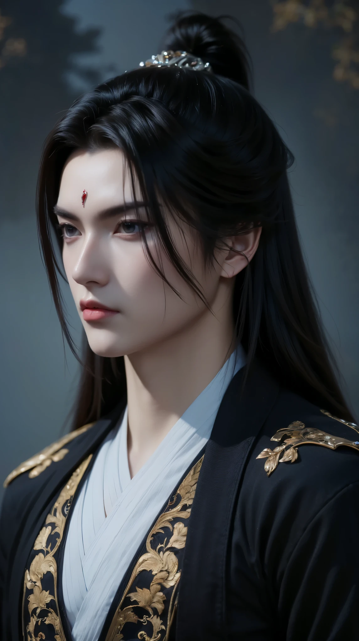 ''The beautiful portrait of Vuong Lam exudes coldness, majesty mixed with a bit of loneliness and determination. His piercing, dark blue eyes reflect resilience, experience and an inscrutable inner world, representing a man whose life has been shaped by countless challenges but remains steadfast. His handsome, sharp face exudes determination and intelligence. He has long flowing red hair in the ancient Xianxia style, enhancing his ethereal appearance. He wore an exquisite Xianxia-style outfit that radiated power and elegance. His outfit is in the style of the Xianxia and has blue embroidered edges, layered under a dark gray overcoat decorated with intricate sunken patterns. The color palette—black, brown, and gray—conveys maturity and mystery, blending perfectly into the world of immortals. The atmospheric background is hazy and ethereal, with subtle energy swirling around him, adding depth to his mysterious aura. The lighting is dramatic, emphasizing his noble yet melancholy presence. Incredibly detailed cinematic compositions, hyper-realistic textures, 8K resolution, fantasy-inspired masterpiece."