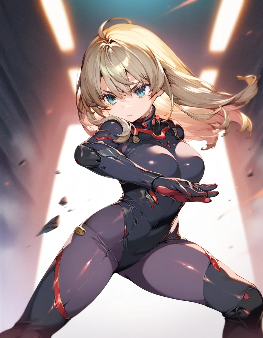 1girl in, Superhero, Mature Woman, Leotard, Bare legs, long boots, gloves, glowing body, the light that surrounds her body, light Particle, Space background, Standing, put hands on the hip, Cowboy Shot, Full body shot, super powers, Perfect Anatomy, Cowboy Shot.