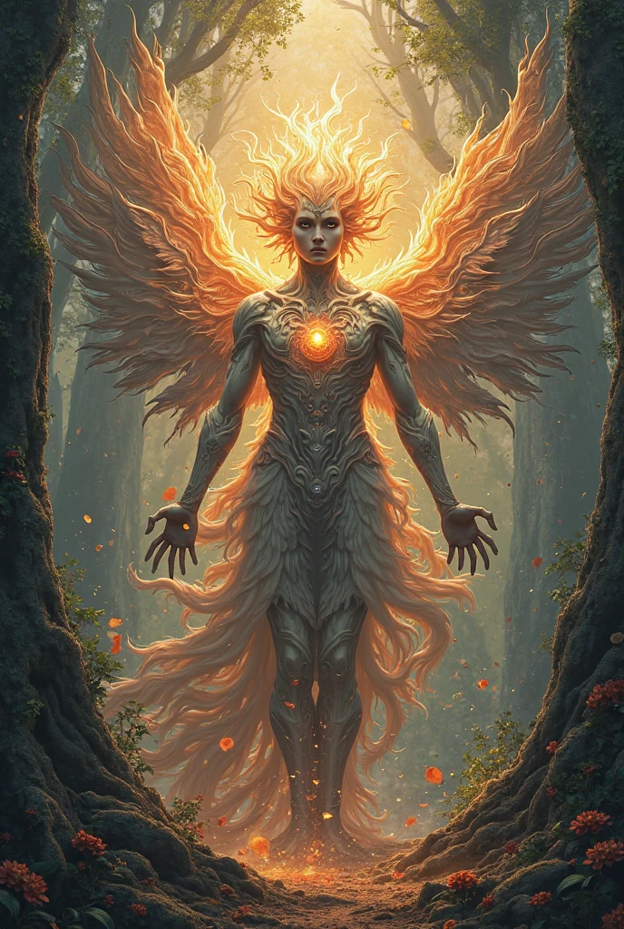 faerie, masculine, flying, releasing powers through the hands, Godlike, with a red eyes, with a crown floating above his head