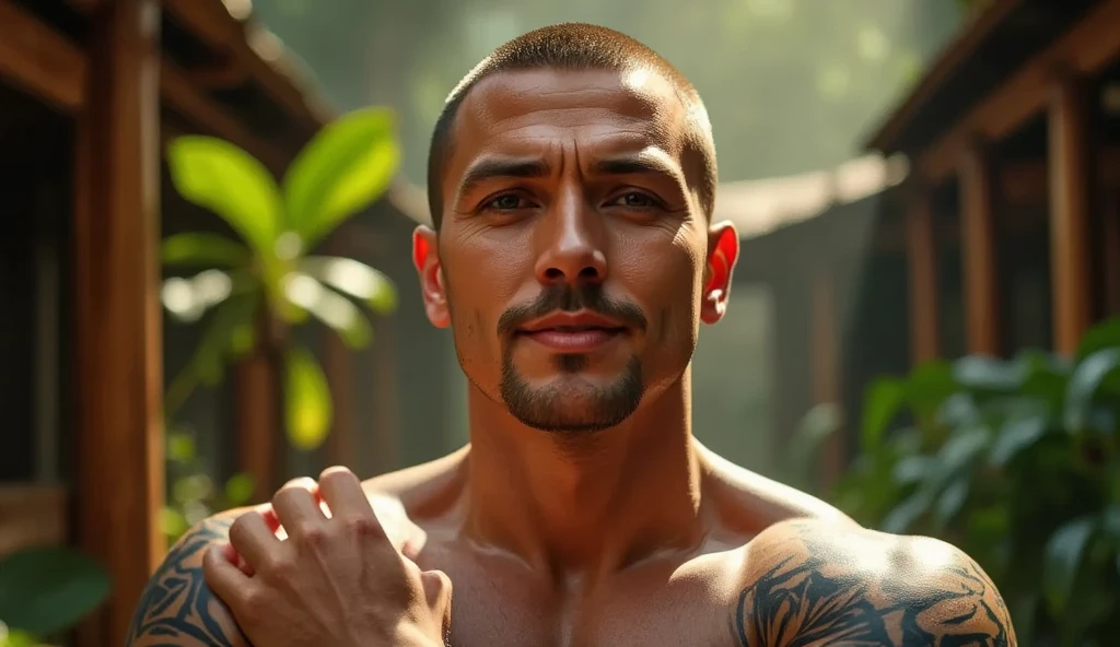 Tall, muscular bald 24 year old spanish man with a lot of tattoes and a face tatto of a cross