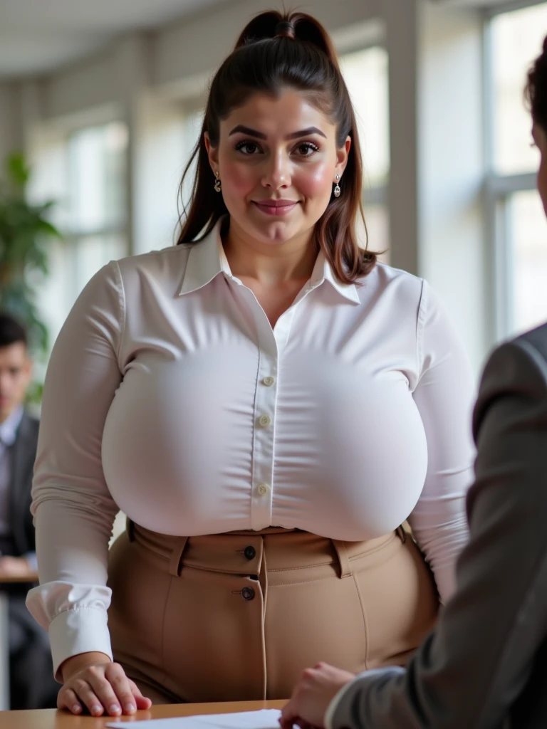 1girl, big chest, huge breasts, large breasts, curvilinear waist, thick thighs, muscular thighs, curvy body, juicy body, gigantic breasts, masssive breasts, muscle thighs, medium hair, green hair, pale skinned female, hair tied, pov vision, blue eyes, mature female, heavy breasts, full breasts, large ass, full thighs, full ass, buttoned shirt, voluptuous body, voluptuous female, abs, body focus, huge chest, large chest, large butt, large thighs, bra edge visible, teasing the viewer with her breasts, mature face, milf, curvilinear waist, juicy thighs, muscular thighs, juicy babe, office lady, office female, office pants, social belt, high waisted social pants, walking on a busy avenue, grey pants, red tie, Carrying a briefcase with documents, freckles on face, crosswalk