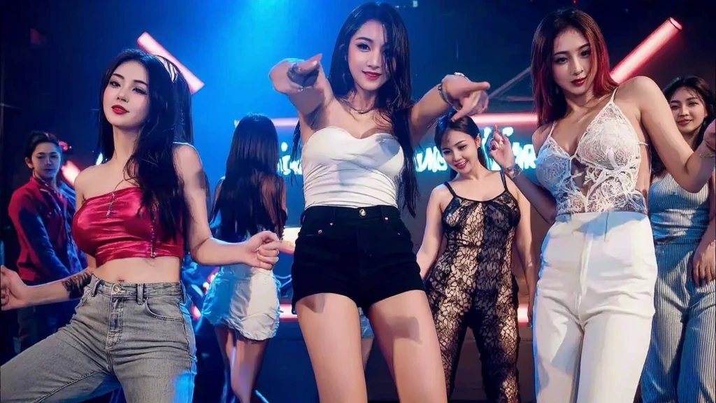 (Masterpiece: 1.3), (Maximum Resolution: 1.4), Cinema Light, RAW quality, (Detailed Eyes and Skin), (Detailed Facial Features), HDR, 16k Resolution, night club, at night, Beautiful Perfectly Figured (3 young Women), (full body shot), (K-pop Idol), (Round Eyes, Double Eyelids, Natural Makeup), ( Beautiful layered, Dark brown hair, early twenties), college night out, dancing in the club, shy smile, excited: 1.5, (sexy tight dreses1.1), skimpy, huge breasts, cleavage:1.3,