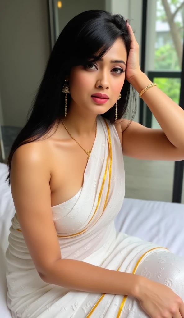 a cute woman in a white silk sari posing for a picture, featured on instagram, seductive, angular, , hot, ????,
