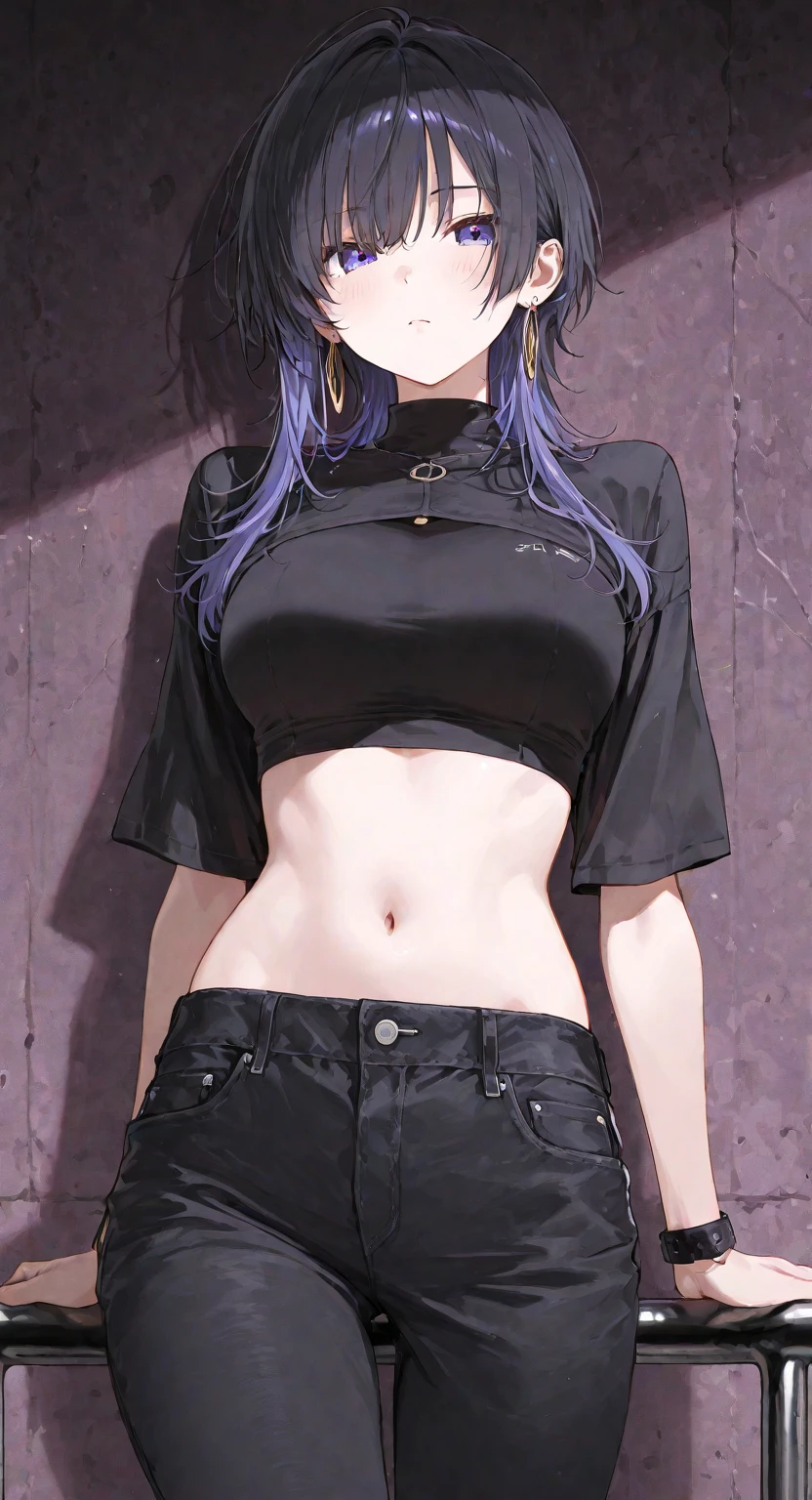 1 girl, red eyes, very Short hair, black choker, lipstick , smile, black hair, tomboy Pixie haircut, white bandeau, belly, jeans, cowboy shot,