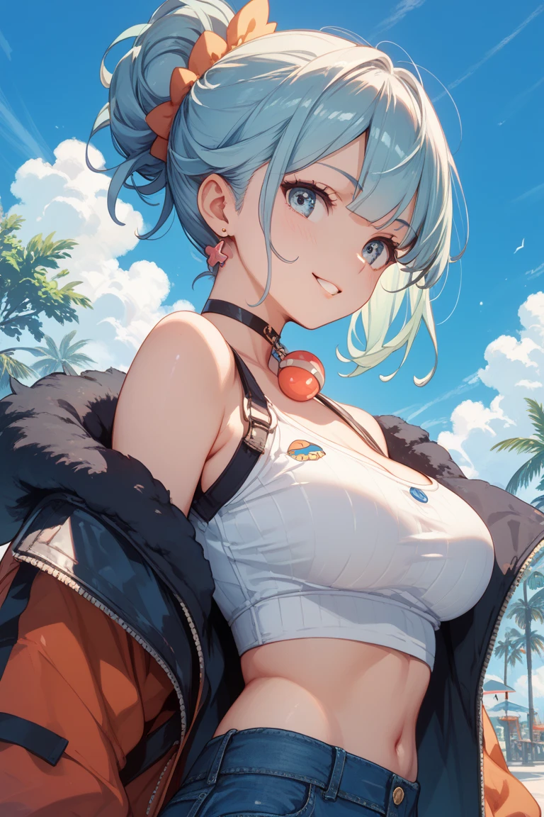 (NSFW:1.2), (8K, Raw photography, Top image quality, tmasterpiece: 1.4), ultra highly detailed, (realisitic, photoreallistic: 1.48), 1girl in, Solo Focus, type moon style, Kyoto Animation Style, short-length hair, (blue hairs:1.7), Blunt bangs, Hair Between Eyes, Clear eyes, side locks, White hair, Shiny hair, beautiful detailed cold face, Seductive smile, angry, complex details beautiful and delicate eyes, bare_shoulders, huge-breast, Gray eyes, White skin, Hair Ornament, (((T-shirt))), swim ring, swimsuit, beautiful bare back, Sandals, Skindentation, 鎖骨, bare_Legs, beach, Beautiful detailed sky, White sand, tree, very precise details, absurdist, Extremely detailed, 16k wallpaper,remrezero