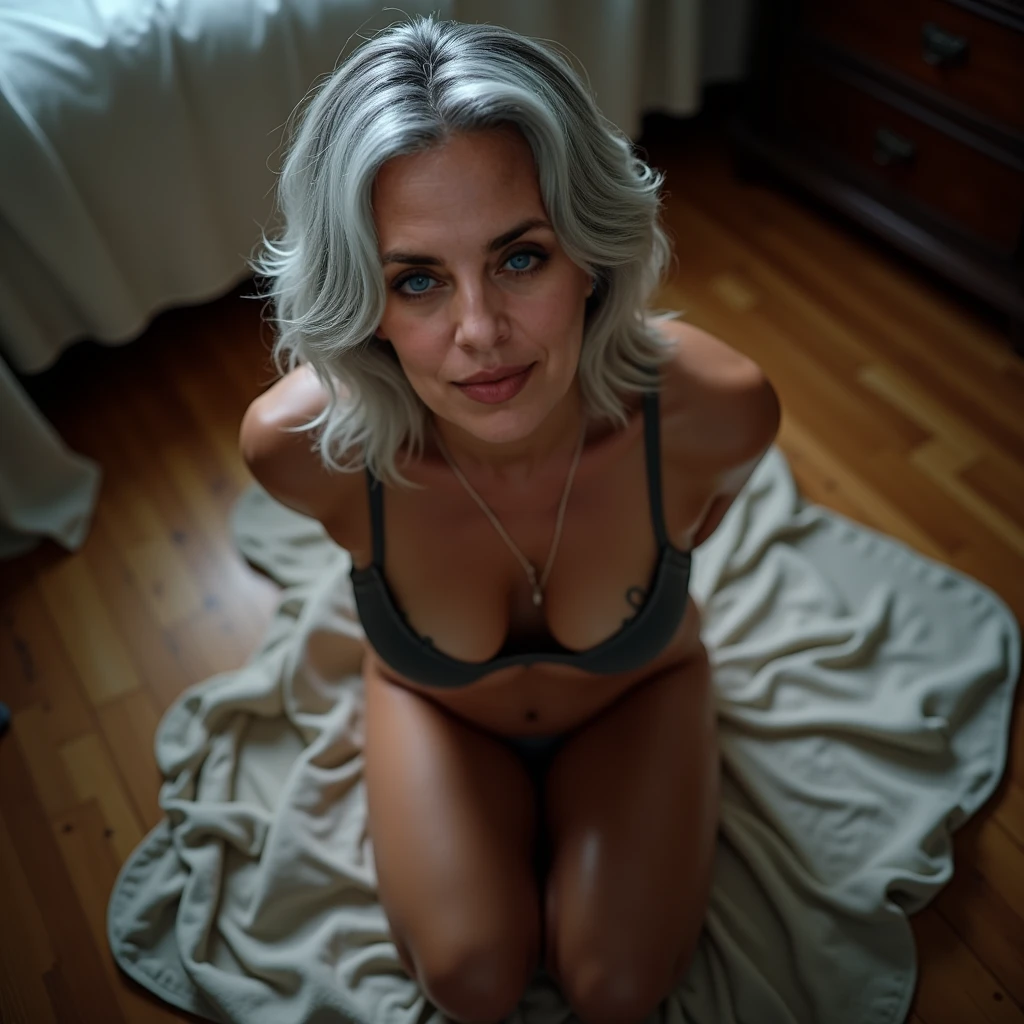 50 year old woman, leaning forward to expose nipples, woman is looking up, wearing a loose blouse, grey hair