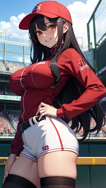 20-year-old woman in bright red and white dress、Wet dress、large full breasts、biomechanical oppai, oppai proportions, Shy smile、 knee high stockings, Adult Woman, (cum in vaginas:1.3), Long Wave Hair、dark brown hair, a miniskirt,Race Queen, (shiny skins), Brown-eyed, Kamimei、Long Wave Hair、Puffy nipple、soft boob、Stockings、up skirt、Puffy hips、Large earrings、a necklace、Girl costume printed with sponsor's logo, (Stand in a motorsport race)+, sexy hips、Kamimei、Chest opening、Chest Emphasis Pose、Pink lace panties、lace bra