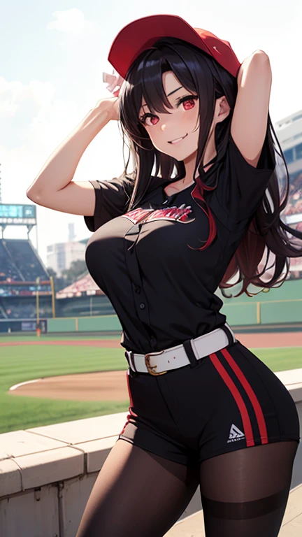 Masterpiece ,best quality , high resolution , (1 girl solo:1.38) , (Kotonoha Katsura , long hair , black hair, black eyes , tall, slim body) , (cleavage:1.2) , (medium breast:1.28) , (wear baseball hat , belly , navel , sport top , sport short , stockings ) , (arms behind back . hands behind back) , (cleavage:1.15) , (big breast:1.1) , (face view , look at view ) , (outdoor , Baseball field，race，streamers，victory，celebrate) , (standing , Legs , thighs , cowboy shot) , ( full face blush , shy , smile , open mouth)