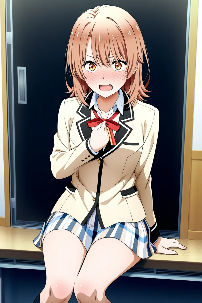 1 girl , Yuigahama Yui , Classroom Floor、,open your mouth, uniform,,blazer,shirt,check skirt,(white panties),squat,thighs,knees,calf,,whole body,smile,from the front