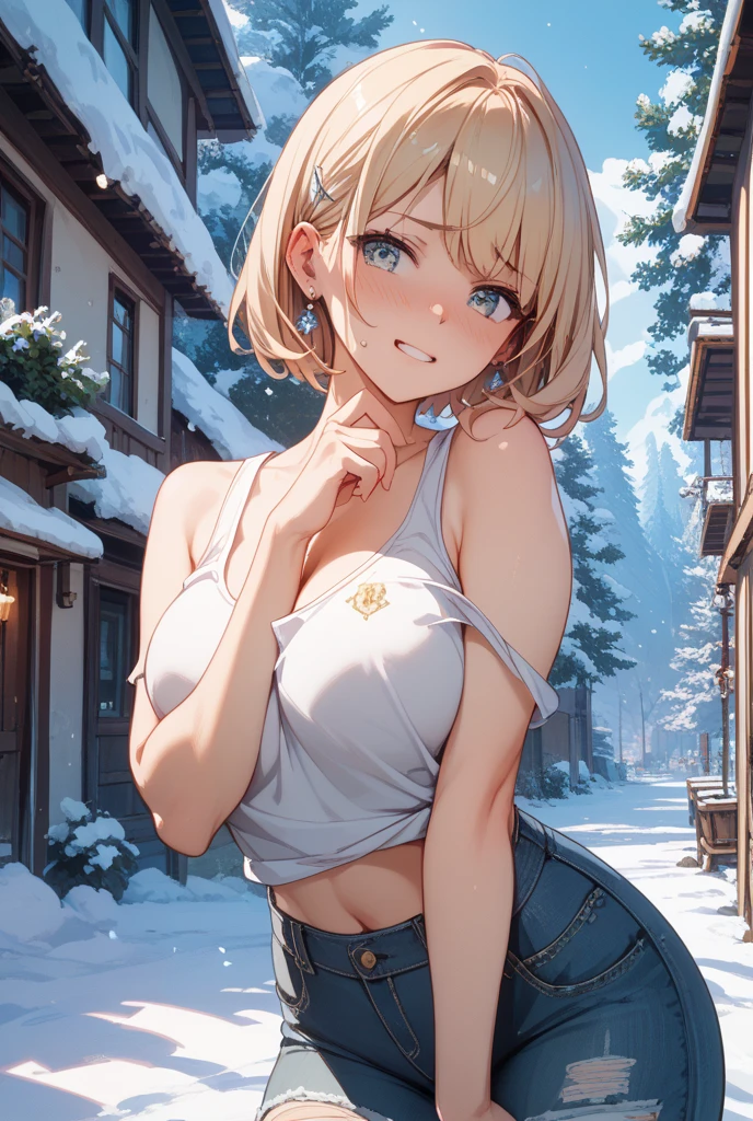nsfw:1.6, Top quality, ultra high resolution, , (top quality, high resolution, 4K, detailed lighting, shaders, perfect anatomy, perfect proportions), eye of the beholder, (masterpiece, top quality) (top quality, 4K, 8K, high resolution, masterpiece: 1.2), highly detailed, (masterpiece: 1.3, top quality, ultra high resolution, ultra detailed), (top quality: 1.2), perfect eyes, perfect face, (top quality, 4K, 8K, high resolution, masterpiece: 1.2), highly detailed, (top quality, 4K, 8K, high resolution, masterpiece: 1.5), masterpiece, top quality, ultra detailed, top quality, high resolution, 32K CG, very delicate and beautiful, illustration, high resolution, sharp focus, very beautiful and detailed anime face, very detailed eyes, ((masterpiece)), ((best quality)), (super detailed), ((cute)), cute, ((very detailed)), 4K, (8K), best quality, (best quality, 8K, 32k, masterpiece, super high resolution, very detailed, impressionistic:1.2), blurred background, (two arms) , (two legs), (four fingers and 1 thumb) , only one belly button, Bare shoulders.

Beautiful woman, light blonde hair, brown skin: 1.4, smiling face, profile, arms between legs, cowboy shot, white down vest: 1.5, white knit cap, checked scarf, large breasts: 1.6, beautiful breasts: 1.3, well-developed breasts: 1.2, white lace choker, white short hot pants, white winter boots, white winter gloves, Alpine mountaintop, outdoors: 1.5, snowy scenery, clear deep blue sky: 1.7,