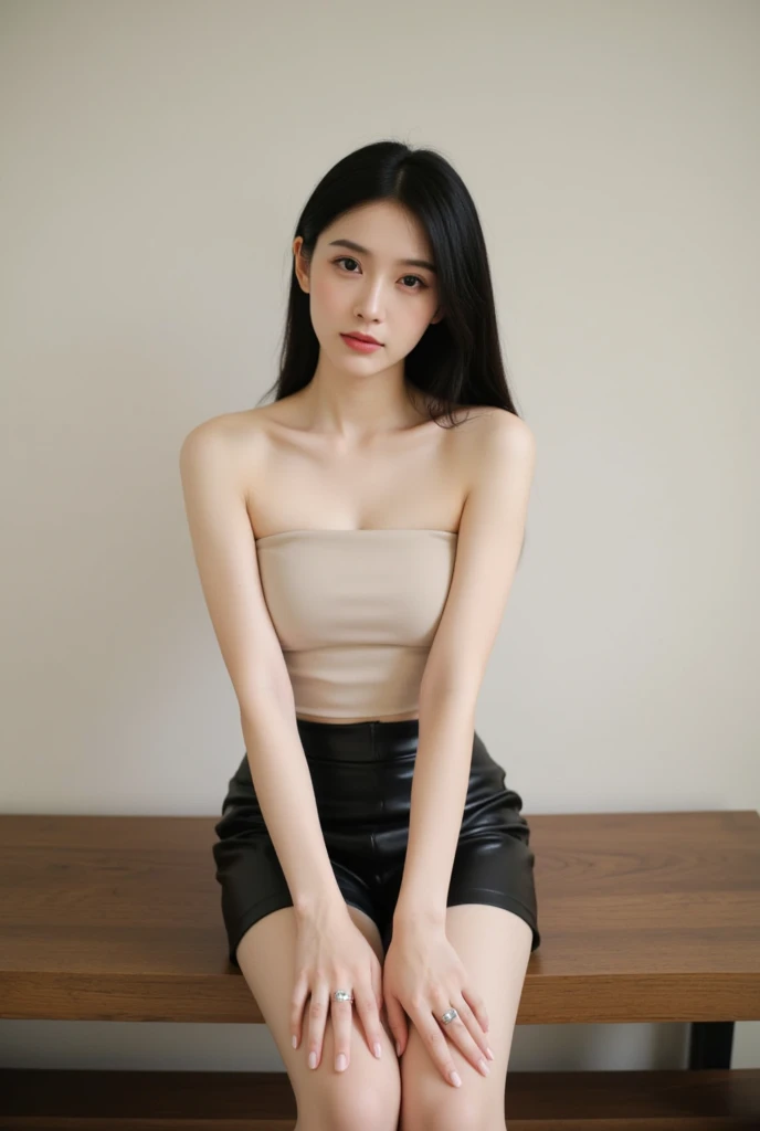 jlfd,woman wearing jlfd, ((Bare shoulder)), Double eyelids,Skin Whitening,Long hair,Whitening long legs,Standing by the sea, Fashion Girl, Red lips, Sweet Girl, Beautiful makeup, detail, lifelike, Very detailed, Astonishing, beautiful, Young and energetic, high quality,HD, Colorful, Beautifully, Smooth skin, The skirt is very short, Official Art, Extremely detailed, Movie atmosphere, Soft colors, Natural skin texture, Random scene, random shooting Angle, Black over-the-knee socks, lace hem