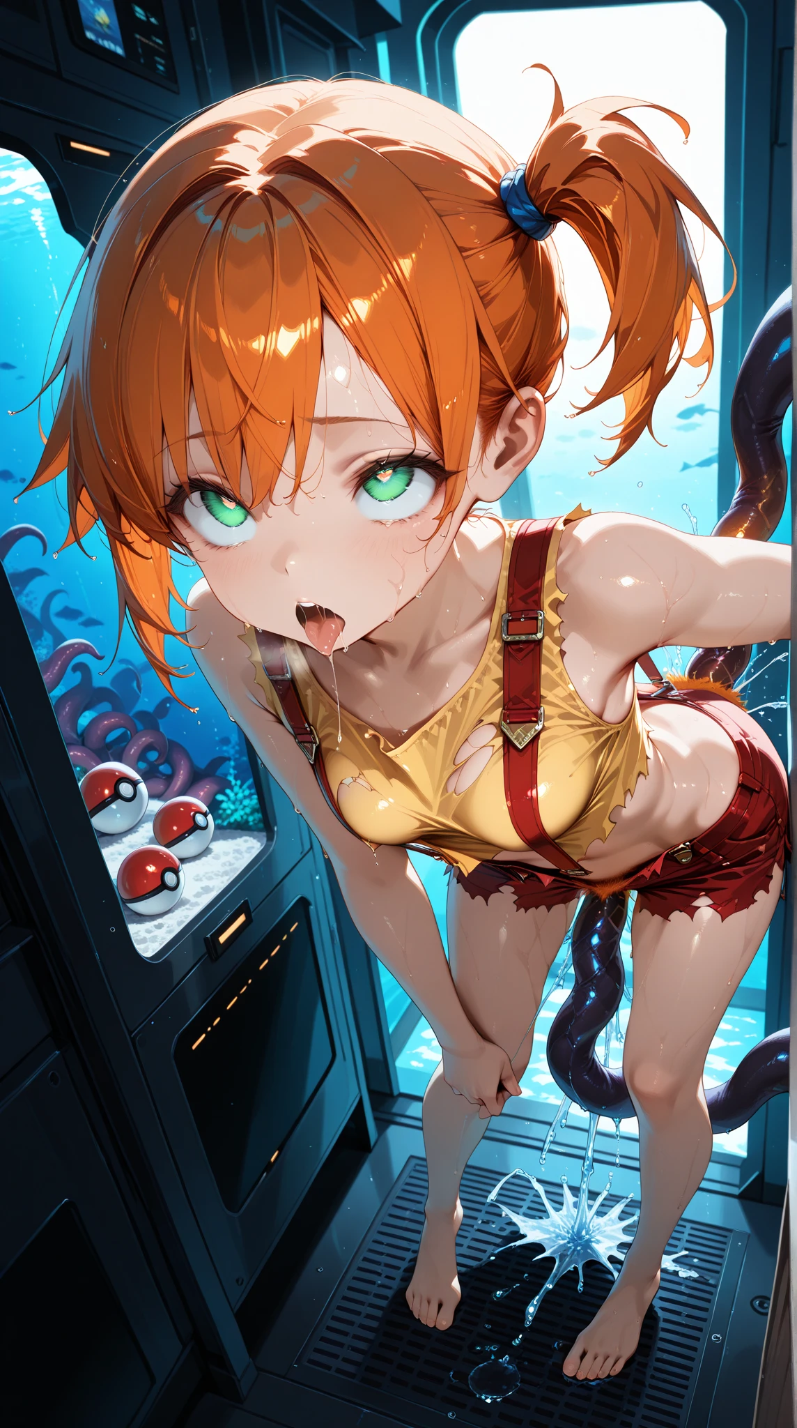 High resolution 4K vertical screen 16:9 Beauty Double ponytail Red hair Gold wire round glasses Small nose Goldfish mouth White low-cut bandeau Exposed collarbone Exposed cleavage Big breasts Exposed lower breast hemisphere Exposed waist Tight panties Legs open Facing me Wearing white cotton socks No shoes Hooked feet Sticking out tongue Very long Look up at the eyes --auto --s2