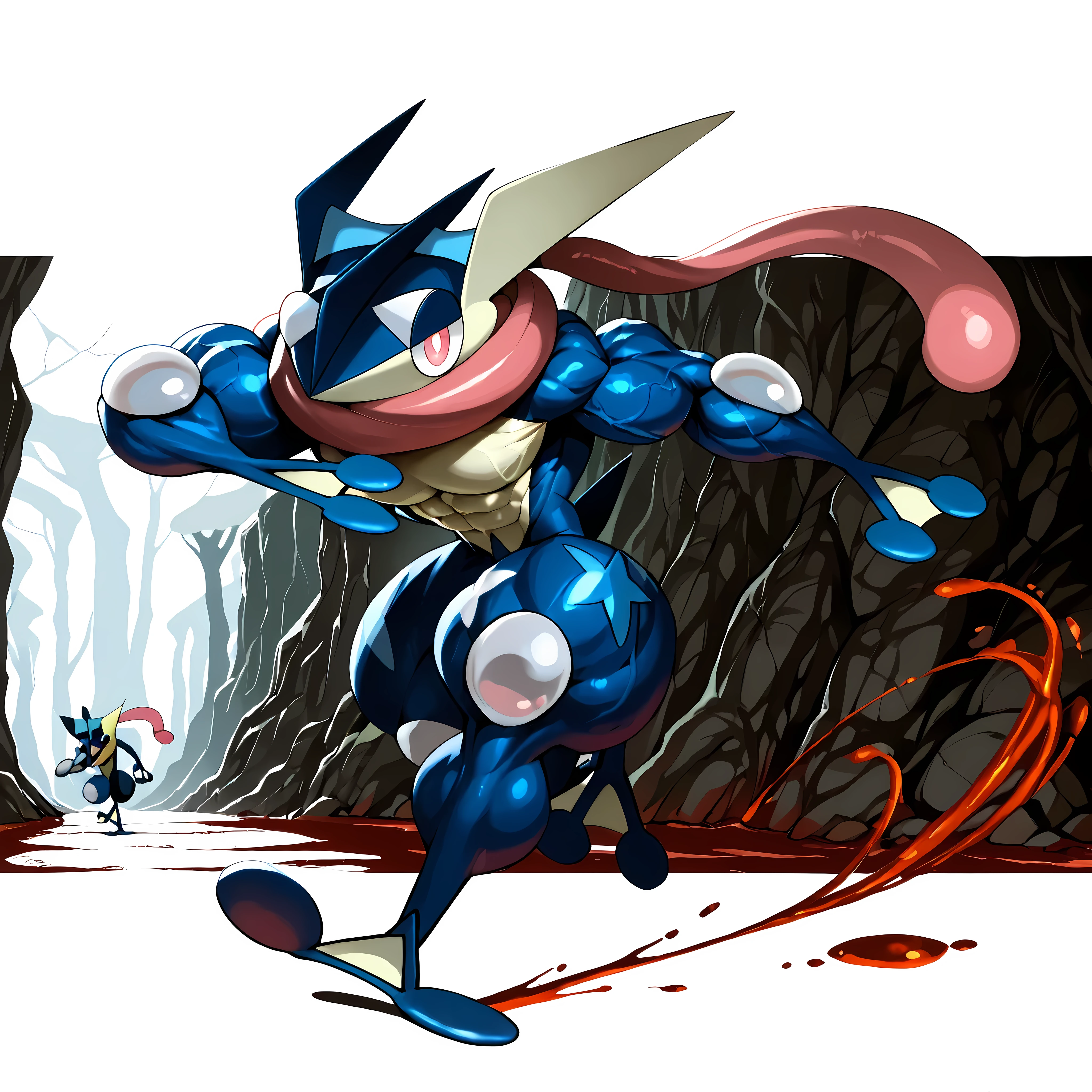 solo, full body, running, BREAK Greninja(Pokémon), Pokémon(creature), greninja_default, BREAK big eyes, round eyes, slant eyes, reddish pink eyes, looking at viewer, smile, BREAK Huge and strong body of overwhelming muscularity, (Hyper Giant muscles), Toned body, Very thick arms that swell up with muscle and are surrounded by many blood vessels, Abdominal muscles that have developed and clearly broken into a 10 pack, Very thick thighs that swell with muscle and are lined with many blood vessels, Thick shins bulging with muscles, BREAK Photorealistic style, BREAK Detailed, 8K, sharp focus, vibrant colors, high contrast, BREAK Anime style, In the style of Pokémon, BREAK natural light, high-key lighting, long shadows, BREAK Masterpiece, Best quality