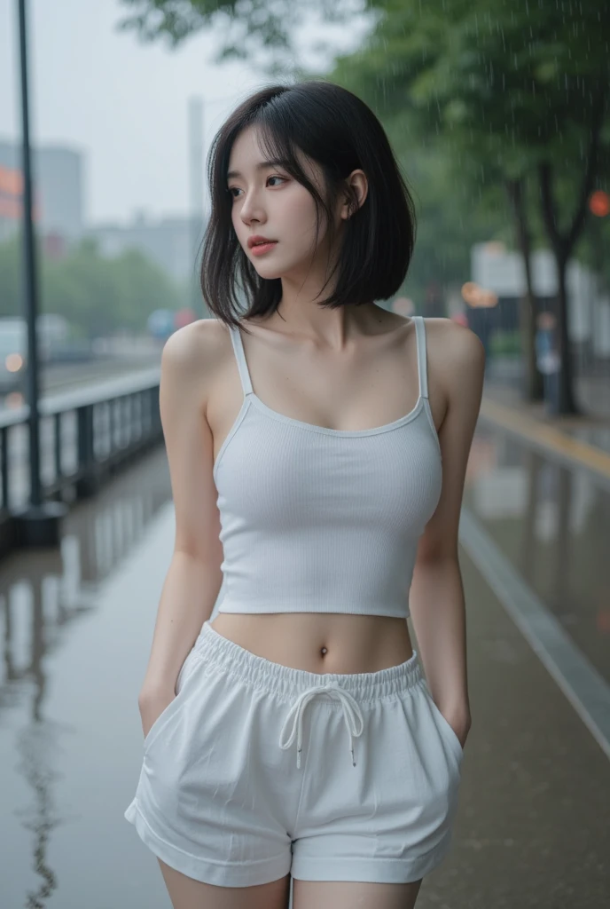 absurdres, RAW photo, extremely delicate and beautiful, masterpiece, Best Quality, ultra high resolution, 16k, hyperrealistic, ultra-detailed, perfect ???????, super Detailed skin, perfect figure, Very detailed CG 8k wallpaper, in her 20s, very Slim body, narrow waist, very small head, very small face, delicate facial features, tearful mole, earring, thin legs, (very huge round breasts), full body shot, (((1 girls))), short hair, (wavy hair), ((track suit)), ((wet clothes)), sleeveless, midriff, shorts,