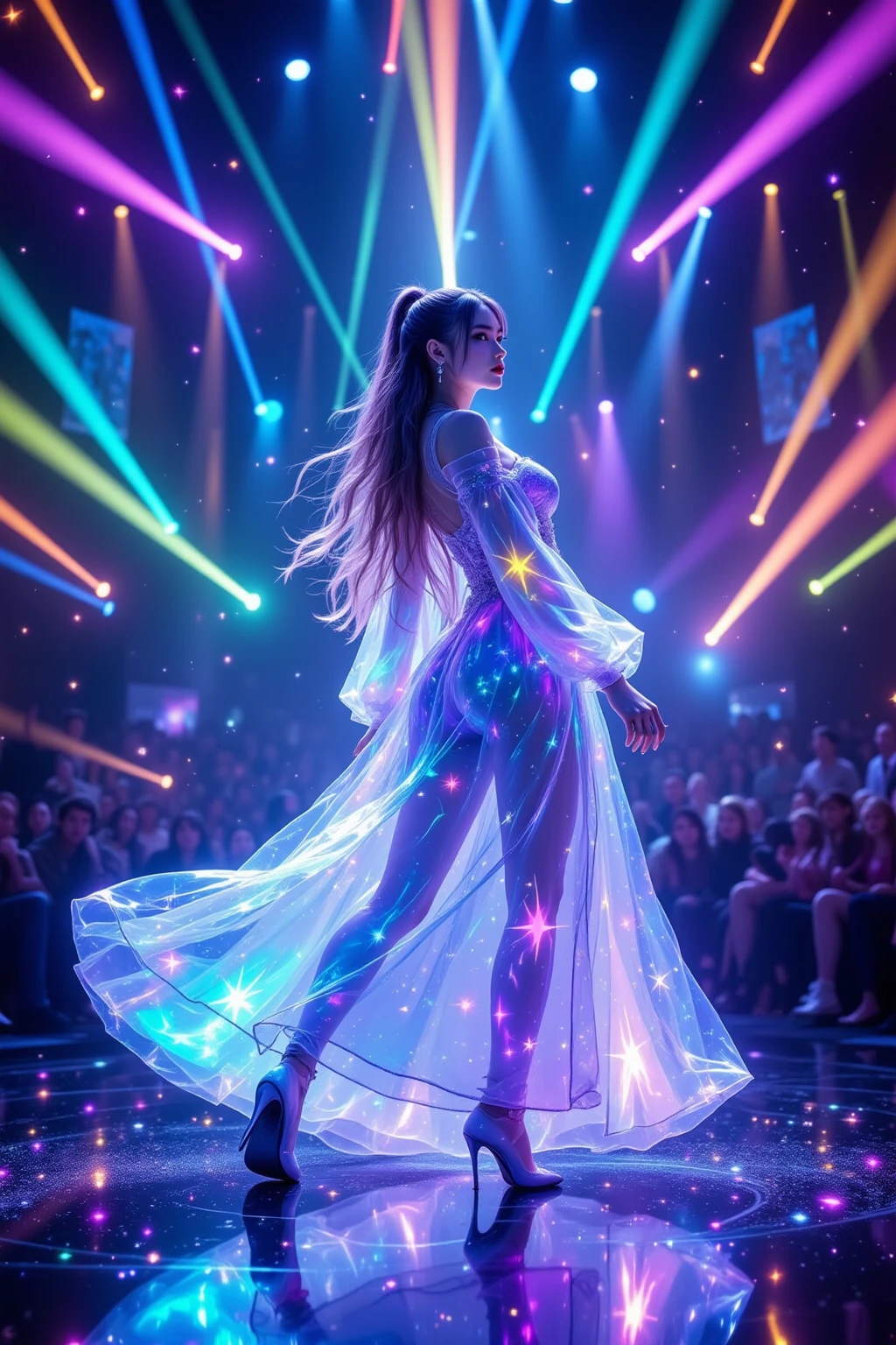 (((at night))), 1girl, solo, under starry sky, surrounded by spiral ethereal aurora, photo realistic huge-breast gorgeous busty slim woman, perfect face, wind-blowing black long hair, (((extreamly low-cut translucent:2.2 high-waist one-piece galaxy glowing short minidress exposing G-string panty))), smoky twirl dress, off shoulder, (((breast cleavage))), free dancing with the rythem of aurora lights, standing hip-up pose, (slow motion blur effects), (((half-body low angle above thigh medium shot))), dark background:1.8