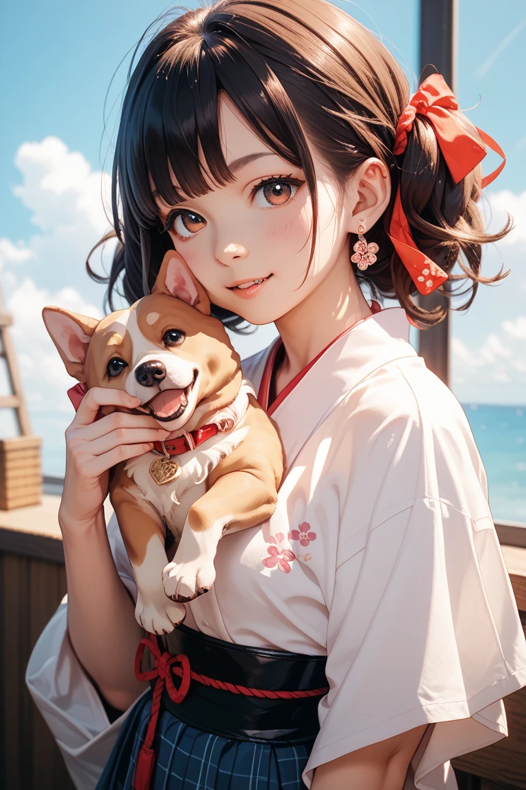 (Details of a very cute face), (Highest quality:1.4), 8k resolution, High resolution, One girl, cute , best cute, Super cute detailed face, Smooth Skin, Beautiful eyes in every detail, Fine skin, , Lips parted, Japanese, low length, Casual Fashion, Smile, Shiba Inu puppy, lead, Walking a Shiba Inu puppy, grassland