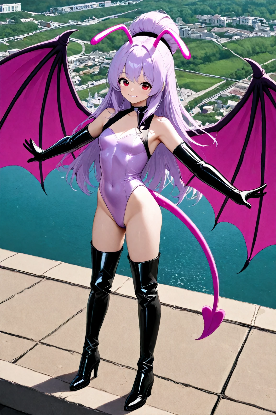 girl with octopus tentacles, short purple hair, beautiful emerald green eyes, closed mouth, exciting pose, smile, full body, unique costume with tentacles, looking forward, deep sea background, black and purple theme, playful and cheerful expression, black and purple costume with tentacles, lively design,