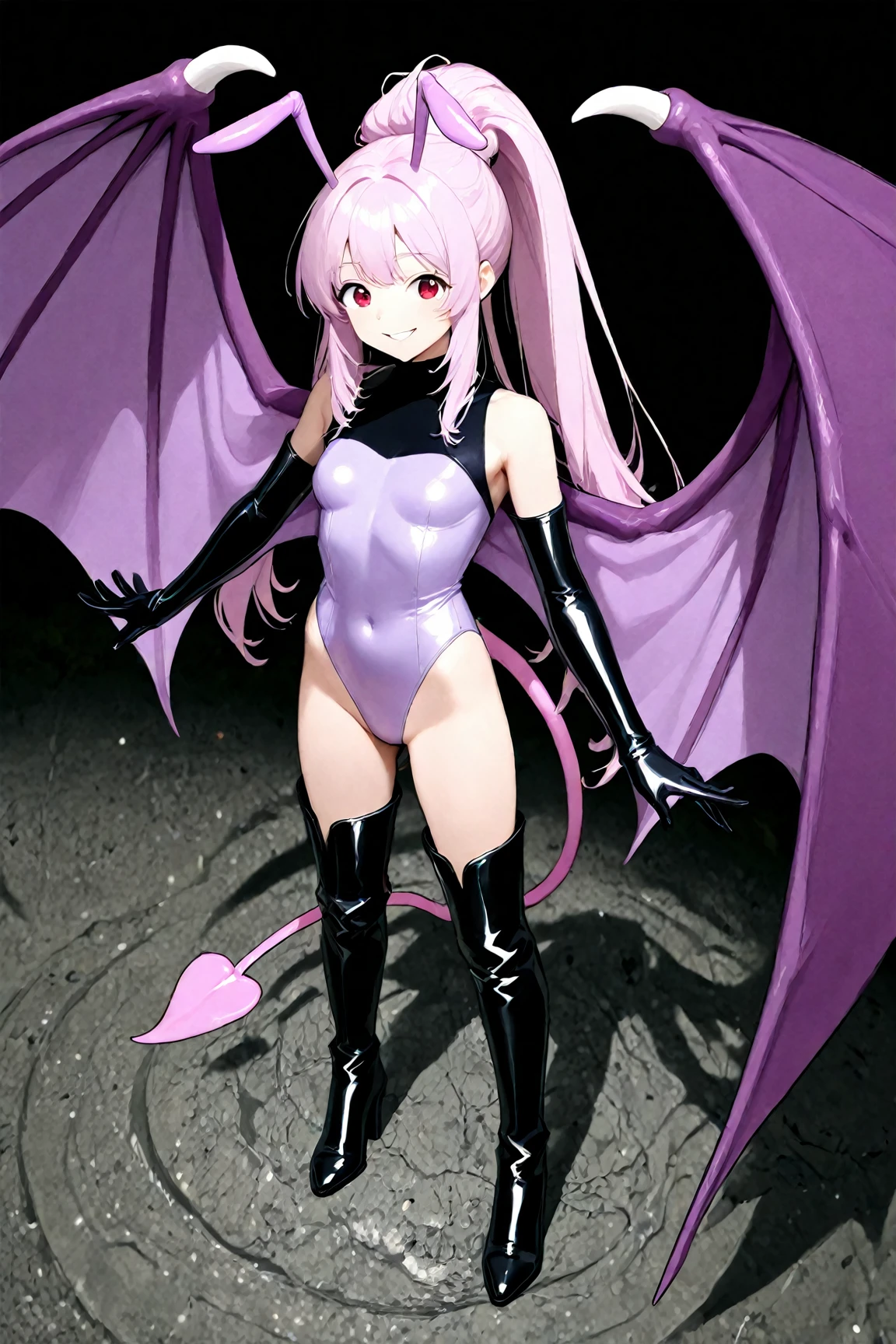one girl, Carefully draw the face, High-quality faces in anime style, (pink hair) , (Black glossy body suit), Bat-print purple pantyhose, seductive smile, Morrigan Aensland, (white background), medium breasts, standing, red cheeks,