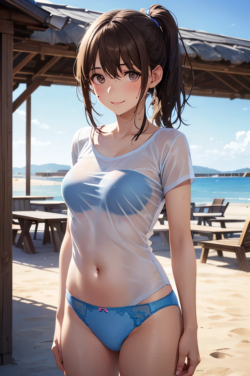 ((masterpiece)), ((Highest quality)), 8K, From above, Cinema Lighting, Very messy hair, Teenage Girl, (Walk along the end of a beautiful pier), (Exposed small breasts), (A badly tattered and torn camisole), Dirty oversized white camisole, Slim and small breasts, Cute eyes, (Open your mouth), Slums, Textured skin, Cat ear, Light brown hair, Cute beautiful girl,