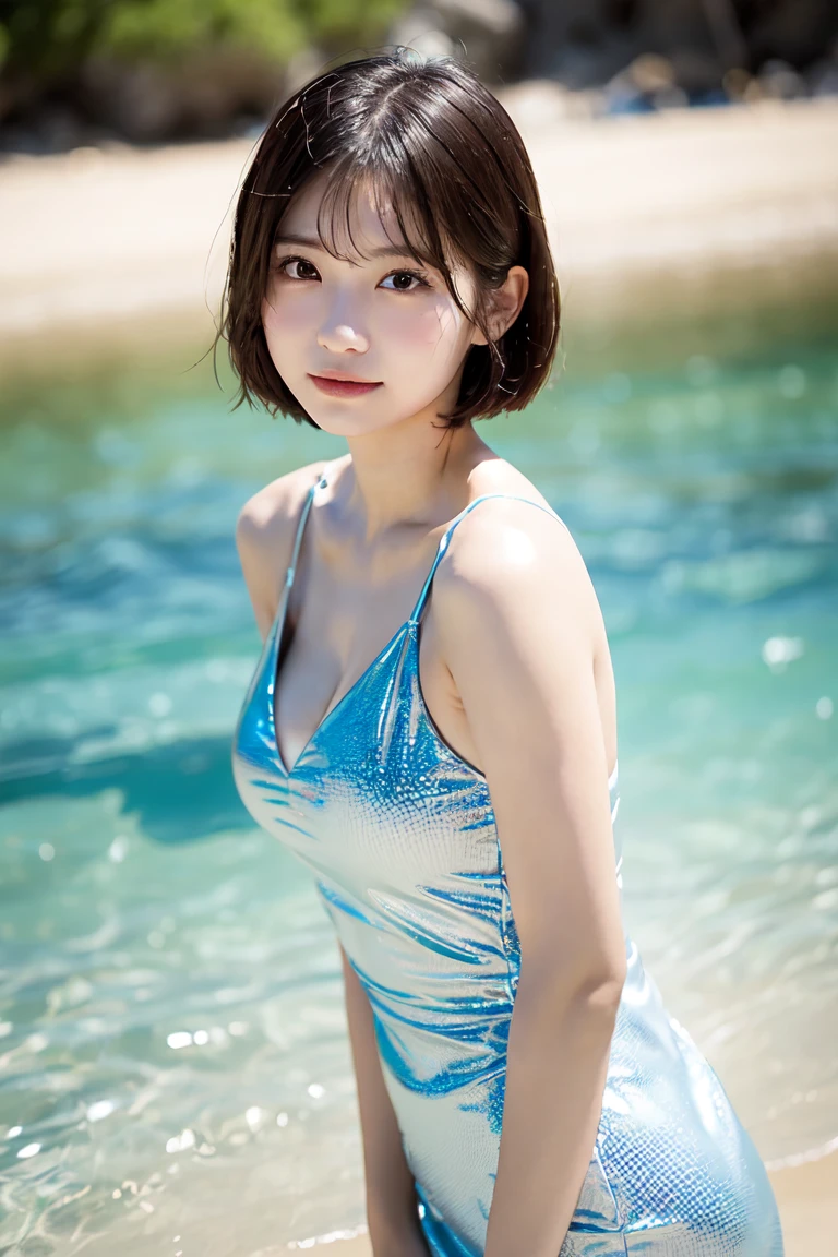 ((highest quality, 8,000 people, masterpiece:1.3)), A 27-year-old sexy woman、concentrate: 1.2, B West, Perfect body beauty: 1.4, ((Layered Haircut:1.2)), (orbit), Highly detailed face and skin texture, White skin, whole body, Look at that, The gap is large., ,Beautiful medium breasts, smile, Beautiful teeth, sweet, blue sky, blue sky, Crushing the Clouds, (Translucent dress), (Wearing a sleeveless short dress)、Layout from above the knee、(Large, rounded eyes and face)、What a lovely smile