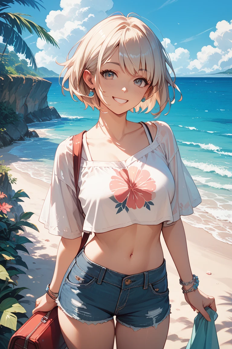 realistic, 1girl, ponytail, parted lips, blush, makeup, light smile, white hair, sportswear, skirt, wet clothes, glow, thighs, purple eye, bare shoulders, collarbone, narrow waist, sunbeam, sunlight, rose, wind, cleavage, (masterpiece), sweat,