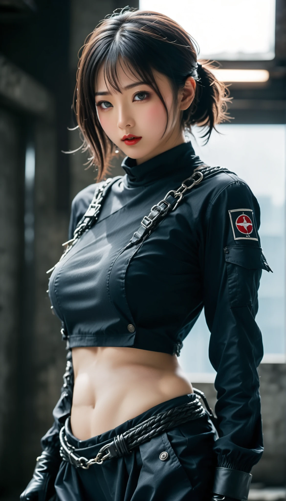 sfw(Ultra Quality,Unparalleled Masterpiece,Ethereal:1.4)(Gigantic Breasts:1.6)(breasts squeeze: 1.3)(bimbo 1.5)(Disproportional Tits: 1.5) there is a woman with massive breasts in a corset and a black and white outfit, wearing techwear and armor, cyberpunk outfit, wearing japanese techwear, intriguing outfit, all black cyberpunk clothes, cyberpunk style outfit, female cyberpunk anime girl, cyberpunk streetwear, cyberpunk dress, anime girl cosplay, photograph of a techwear woman, cyberpunk anime girl, wearing cyberpunk streetwear, maid outfit