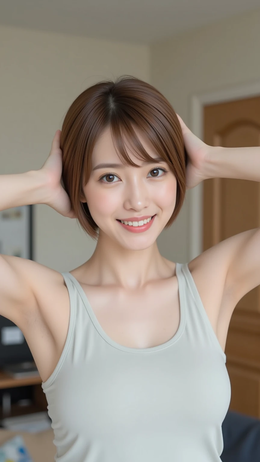 (Ultra HD、Ultra-high resolution、8k、Japanese Housewife、In the kitchen)、Attention in the armpits、((Viewer:1.8))、(Extremely realistic skin texture:1.4)、(Realistic:1.3)、short hair、(smile:0.5)、(blonde:1.4)、40-year-old woman、Ponytail Hairstyles、(Lift one arm and show your armpit:1.3)、(Face close-up:1.32)、(Sweat:1.4)、good、camisole