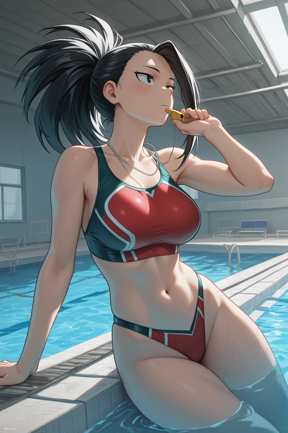 chun-li, ripped muscle, muscular body, small breast, pale skin, smile(blush), nude, sixpack abs, [ultra detailed skin:1.2], double bun, 8k uhd, pussy, full body, crowd, public, night, poolside, standing,