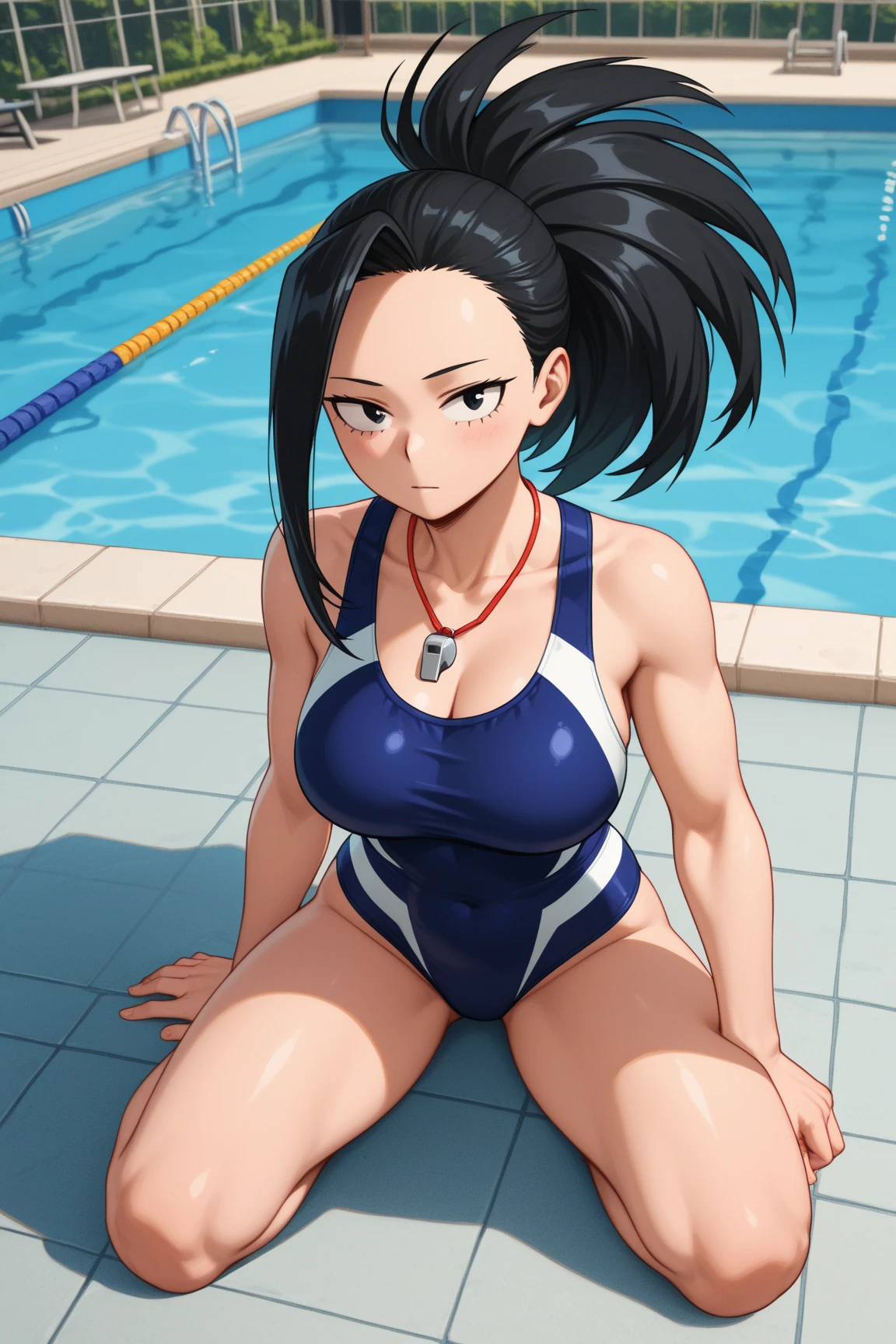 (masterpiece, best quality, 8k:1.2),
1 girl, Kyoukai, black hair, braids, ponytail, green eyes, eyelashes, medium breasts, (bangs, highleg swimsuit, pool, blush),
alone, looking at the viewer, cowboy shot