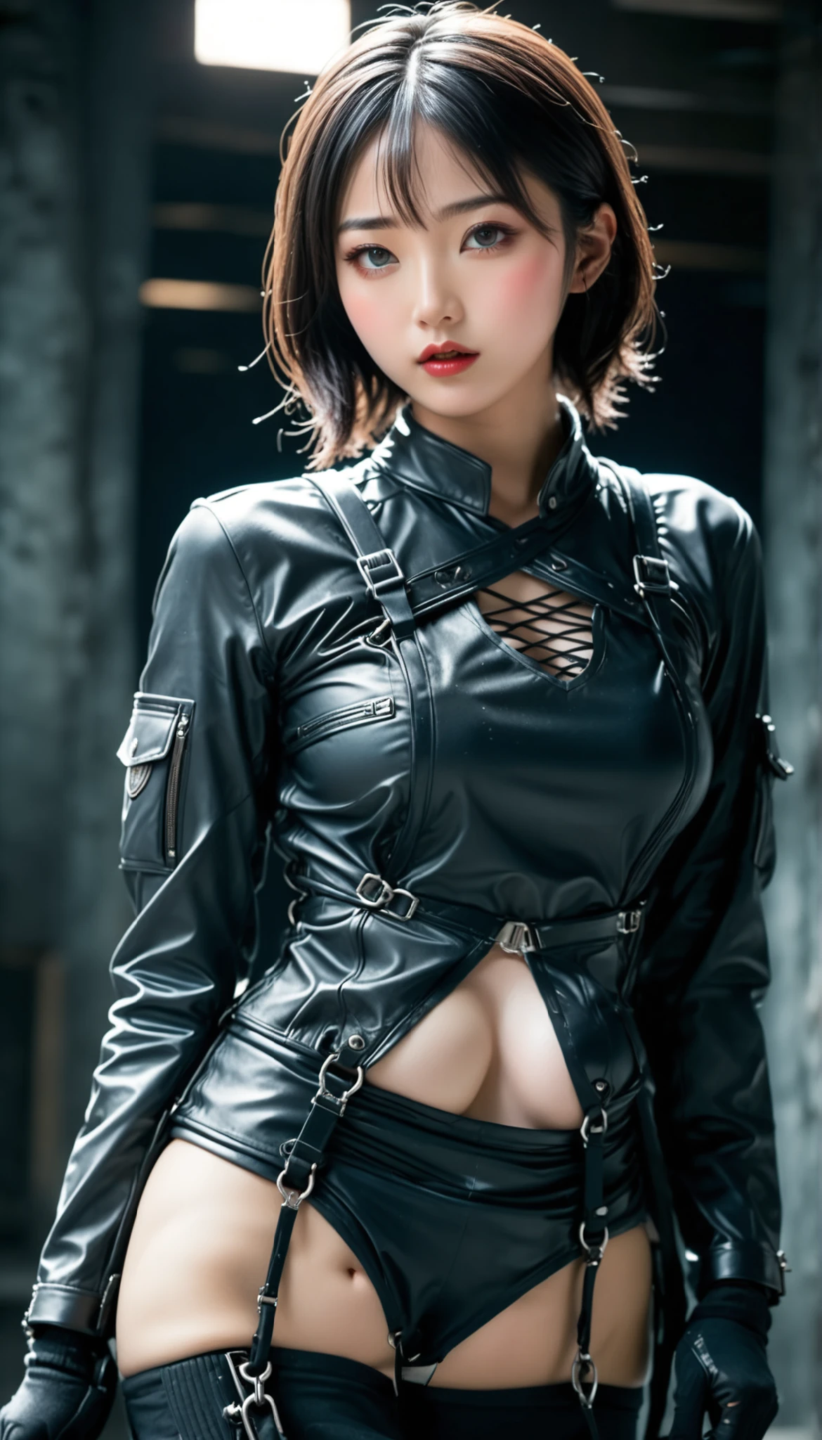 (8K、Raw photography、top-quality、masterpiece:1.2、realisitic、Photorealsitic、highcontrast、photon maping、photon maping、Photorealsitic、ultra-detailliert、profetional lighting、low angles:1.2)、(1 girl in、age19)、(Transcendent beauty Japan girls、独奏:1.5)、(Standing straight ahead、Exposed thighs、full body Esbian: 1.6)、(Crisp focus:1.2)、(Beautiful woman with perfect body shape:1.4)、(Slender Abs:1.5)、(layers-Cut、Colossal tits:1.5)、(Sateen、deep in the night、Shinjuku in Japan、Bustling street、Sidewalks without people: 1.6)、(a wet body:1.7)、(Highly detailed facial and skin texture、A detailed eye、二重まぶた: 1.5)、(Bery short hair: 1.4), Japan woman in black bondage poses for photo, (Raise your hands high、Tied up: 1.6)、In a tight leather corset, (Black leather panties、highleg、Has a small: 1.5)、waist up portrait, Black leather, wrapped in leather straps, wearing tight corset, Leather, elegant corset, exquisite and smooth details, 奈良美智, waist - shot, Black latex, captivating and enticing、