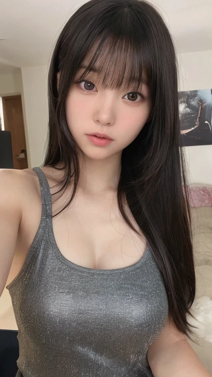 1 girl, Japan person, heavy bangs, neat, girl, solo, black hair, taking pictures in room, room clothes, neatness, cleavage, staring at viewer, 20 years old