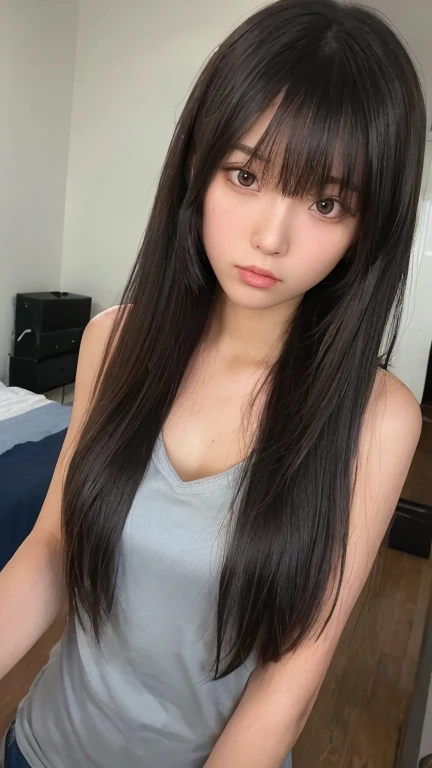 Asian woman with long black hair and blue eyes posing for a photo, pelo cortado hime negro, ella tiene el pelo negro con flequillo, ulzzang, pelo largo y negro con flequillo, pelo largo con flequillo completo, pelo largo con flequillo, cabello con flequillo negro, flequillo largo y recto, el corte de hime, pelo largo y oscuro con flequillo, peinado de corte hime blanco
