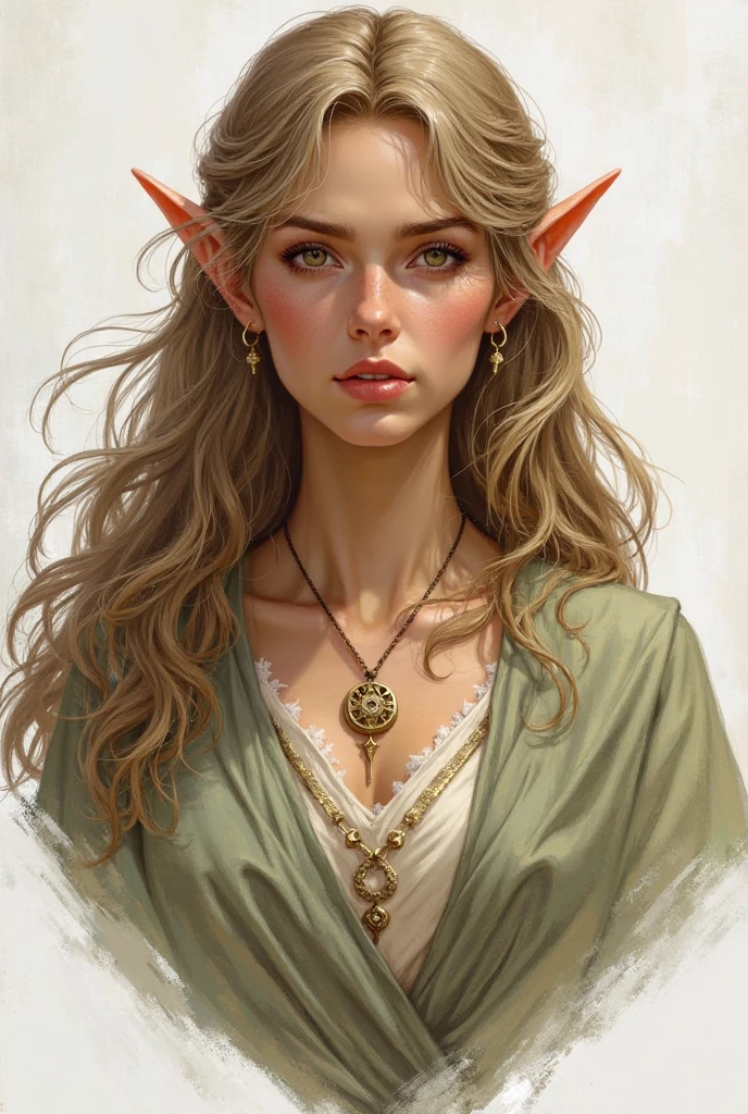 high elf, young adult, masculine, skin tanned, long braided hair with ornaments, copper color with a white streak, freckles on the face, ear ornaments, silver eyes, a birthmark on the neck, in the shape of a star and a necklace with a red stone. white background, estilo Dungeon and dragons
