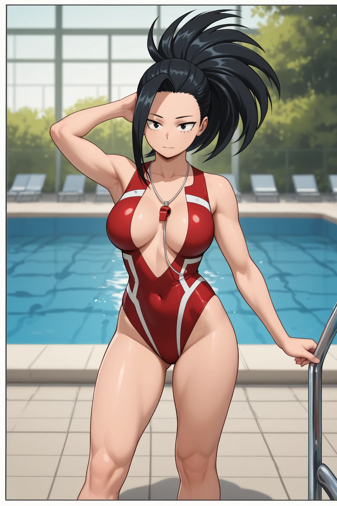 score_9,score_8_up,score_7_up,score_6_up,score_5_up,score_4_up BREAK skinny, medium breasts, indoors ,shiny skin,bokeh,bloom,indoors,light particles, modern spa with pool,1girl, clear eyes, Sarada Uchiha, black hair, red eyes, glasses, medium lips, mature female, ((perfect model body)), blush, red Chinese bikini with golden dragons pattern, cameltoe, taking off her bikini and showing her nude tits