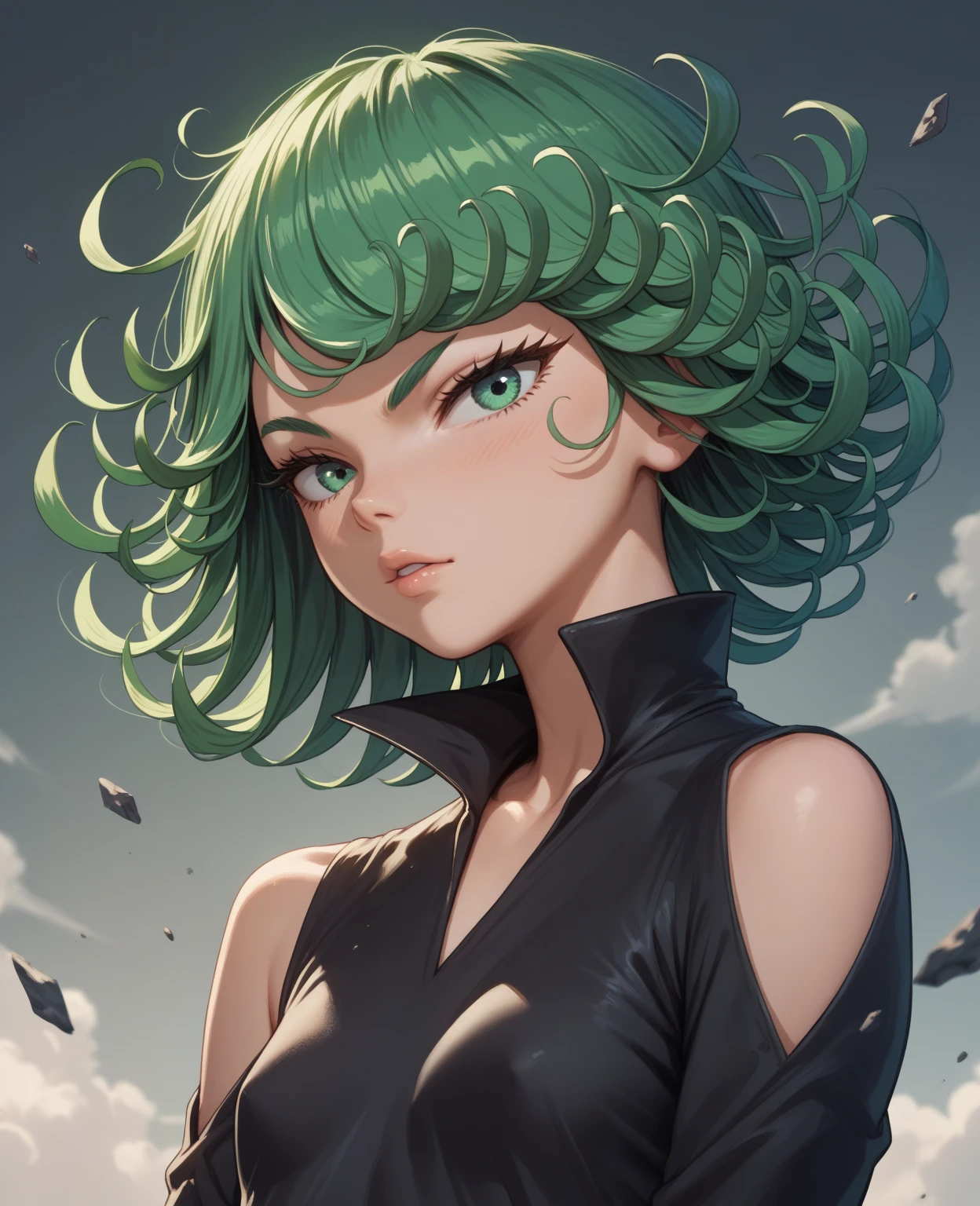 1 girl, tatsumaki, black dress, long sleeves, green hair, green eyesball, short hair, curly hair, realistic, ultradetail, 70mm lens,