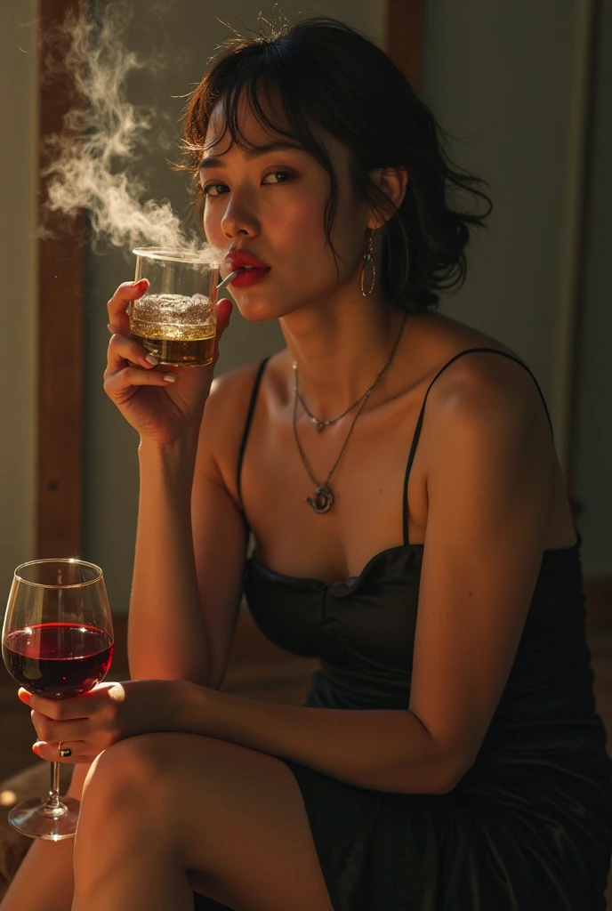 A captivating photograph of a woman in silhouette, showcasing her relaxed and contemplative demeanor. Her long, dark hair cascades down her back, and she is dressed in an oversized white T-shirt. She is seating cross-legged on the floor, leaning against a door frame, her body faces left, while her gaze remains locked on the camera lens. With a glass of whiskey in one hand and a lit cigarette in the other, she seems to be taking a much-needed break. The room is enveloped in a mysterious atmosphere, with smoke filling the space and warm lighting casting a dreamy glow. The contrast of light and darkness adds to the intrigue of this intimate moment., photo