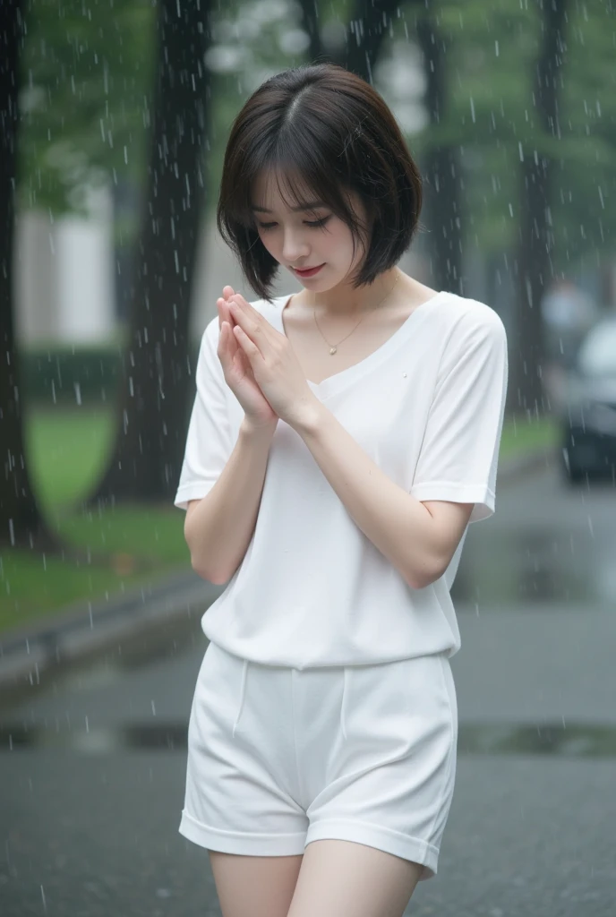 14age、white shirt、Smaller chest、a short bob、parfect anatomy、plein air、a park、blurry backround