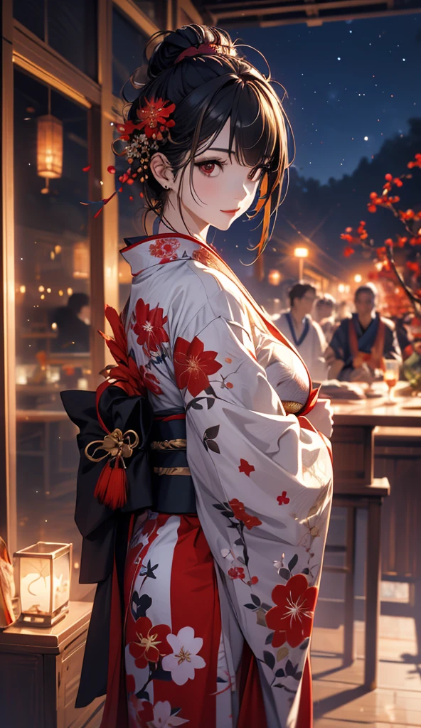 (realistic lighting, top quality, 8K, masterpiece: 1.3), female solo, Japan girls, 18 years old, slender, yukata, chest up, hair pulled up, red cheeks, shy smile, summer festival, fireworks, face in shadow, detailed watercolor background