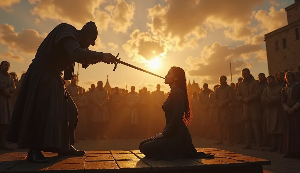 Graphics novel illustration, best quality, high resolution, 8k aesthetic, mesmerizing celestial moonlight, Over the walls of a large castle. A beautiful young woman in a short (Armored Dress), hogtied&gagged, ((laying on stomach)), short skirt, feet bound, feet up, ankles bound, lift skirt, sandals, hands together elbows apart, feet linked to shoulders, (otm gag:1.5). Large walls in the background, bound with jute rope. The cloudy sky breaking to reveal the blue moon. Rain is pouring across the landscape as heavy wind blows the banners at the crenellations. lightning strikes in the background directly hyper realistic. Epic scene like a dream. The world is majestic and darkess is about to prevail. Beautiful masterpiece of art.. beautiful contrast of the light along the walls which has an incredible reflection. Laying on walls. dress made of iron on the female. high aspect ratio. beautiful composition. detailed textures. beautiful detailed moon.