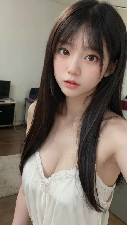 Girl , ((Perfect 8-headed body: 1.3)), Cute, Baby face, Idol: 1.6, (Slender body), (rather large breasts), ((cleavage of the breast)), ((Rich cheeks: 1.3)), japanese beautiful woman, Fluttering chest, Cleavage breasts, ((Perfect body: 1.3)), ((Good anatomy: 1.1)), Perfect face, top-quality, ultra-definition, radiant eyes, ((very accurate anatomy: 1.1)), A dark-haired, Long hair, extremely detailed 8K, Beautiful girl with busty body, (hyper HD, ultra - detailed, high detailing, high realistic, Ultra-realistic, Photorealism), (1girll:1.5), No top, ((masutepiece: 1.3)), (realisticlying:1.2), Best Quality, High quality, High resolution, Rich and colorful, stunning art, ultra - detailed, Beautiful details, Fine detail, (Beautiful meticulous girl), intricate-detail, High resolution, Very sophisticated, Beautiful face, Beautiful detailed eyes, Round eyes, detailed facial features, (Round pupils:1.3) , ((extra detailed face)), (alluring face), (Cute smile: 1.3), (is wearing a lingerie、Full body,Looking at Viewer: 1.1), cleavage of the breastの接写, Lewd poses, Smile, Black hair, (Dynamic Posture), Face the camera, (beautiful and detailed face, Beautiful and delicate body、Beautiful and delicate dark brown eyes), (White wall background、Bedroom、Selfie:1.5), Fine skin, sexual excitement,