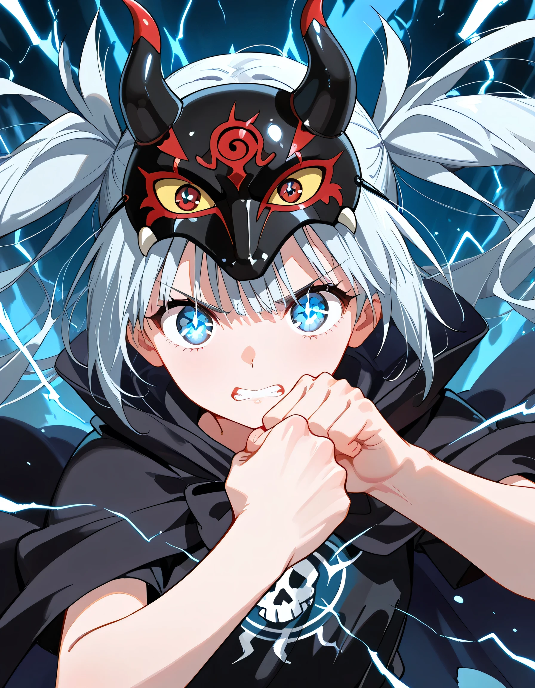 solo,(dynamic sideview),looking at viewer:1.3,dynamic fighting stance pose+,(closed up face),looking at viewer,The cloak, (the demon mask), attack action,the black cloak, the darkness lurking in the chapel, the dynamic angles, the strange presence,pastel blue long twintail,bangs,makankosappo, electricity, aura, fingers on chest with one hand, upperbody, clenched fists, floating hair,clenched teeth,sharingan